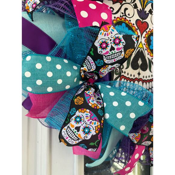 Day of the Dead Sugar Skull Los Dias De Los Muertes Pink Halloween Wreath Decor - Picture 2 of 6